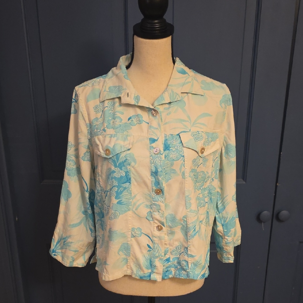 Vintage Light Blue Floral Silk Hawaiian Button-Down Swing Shirt Sz Small